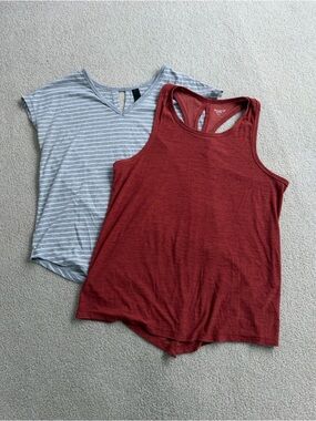 Open Back Gray Striped Shirt and Burnt Red Open Back Razorback Tank Top